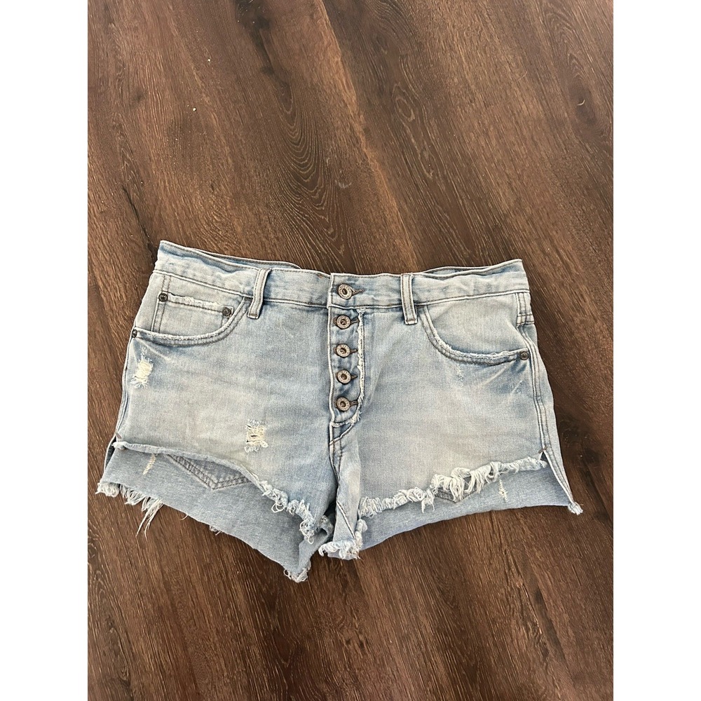 Free People Button Fly Blue Distressed Cut Off Jean Shorts Size 28